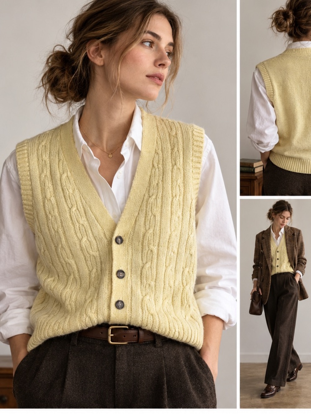 Vintage Puritan Shetland Wool Cable Knit Sweater Vest L Butter Yellow Unisex